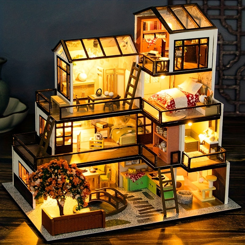 Kit de puzzle 3D villa miniature – Modèle fait main avec éclairage LED et intérieur détaillé
