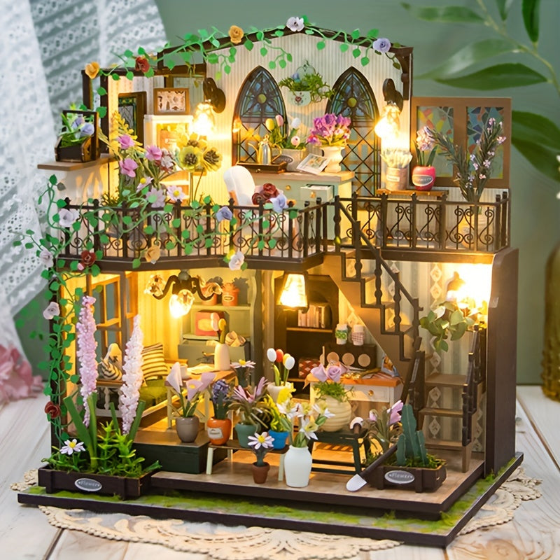 Maison-serre miniature DIY avec éclairage – Puzzle 3D fait main pour décoration créative