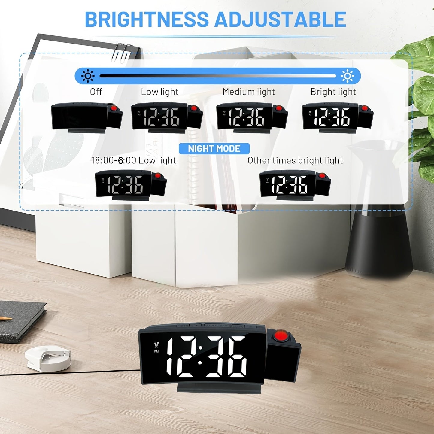 Réveil projecteur digital – Affichage LED et fonction snooze avec luminosité réglable