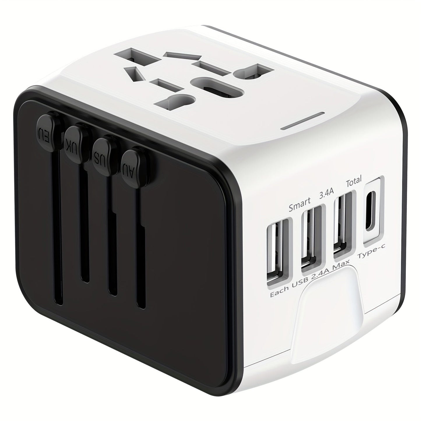 Adaptateur de voyage avec 4 ports USB et Type-C – Charge rapide et sécurité mondiale