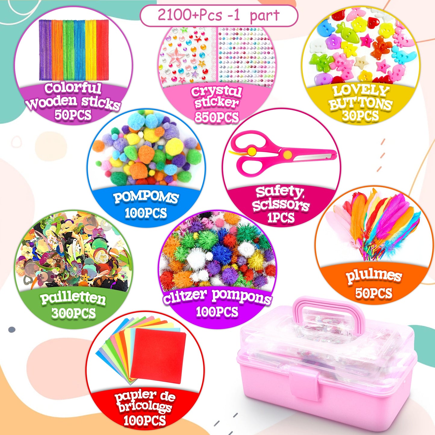 Set complet de bricolage pour enfants – Ensemble créatif avec autocollants, bâtonnets, plumes et plus