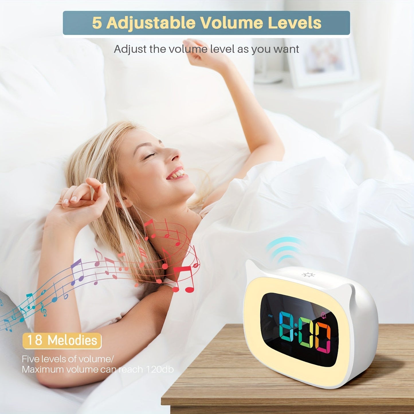 Réveil mignon avec oreilles de chat – Veilleuse RGB avec 18 mélodies et recharge USB