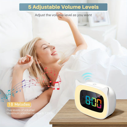Réveil mignon avec oreilles de chat – Veilleuse RGB avec 18 mélodies et recharge USB