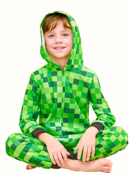 Minecraft Inspiré Grenouillère à Carreaux Verts pour Enfants – Parfaite pour Halloween et les Fêtes