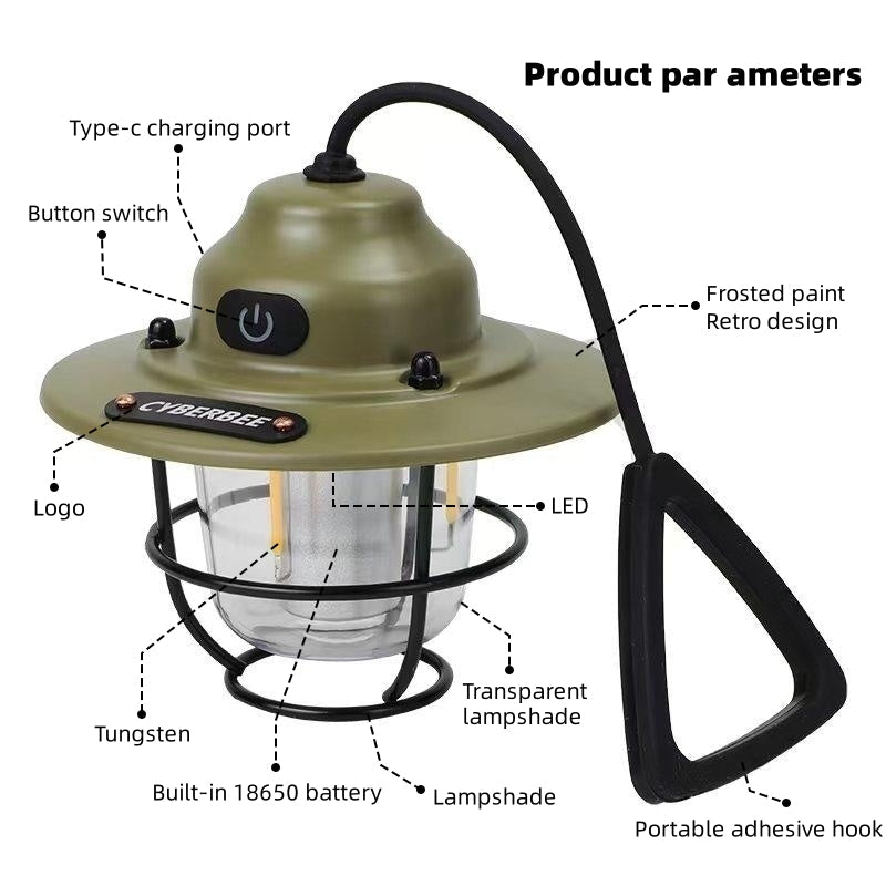 Lanterne de camping vintage à LED – Rechargeable et durable pour les aventures en plein air