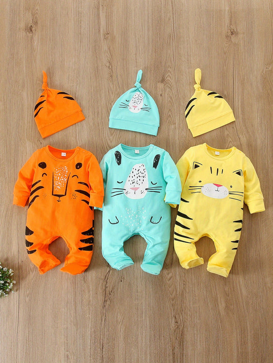 Set de 6 Bodys Bébé avec Imprimés Animaux – Comprend des Chapeaux pour Bébés Garçons