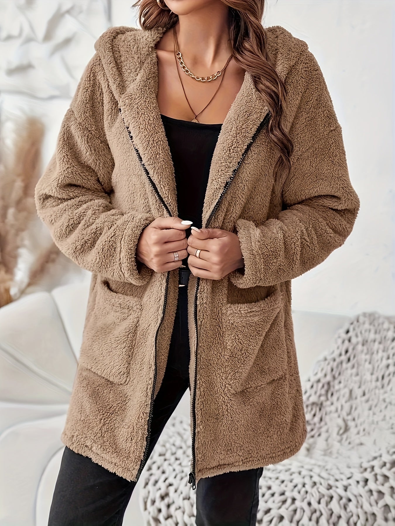 Veste d’hiver en peluche douce avec poches et fermeture éclair