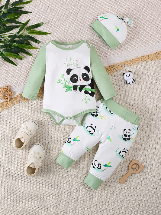 Ensemble Bébé Panda – Body, Pantalon et Bonnet pour Aventures en Plein Air