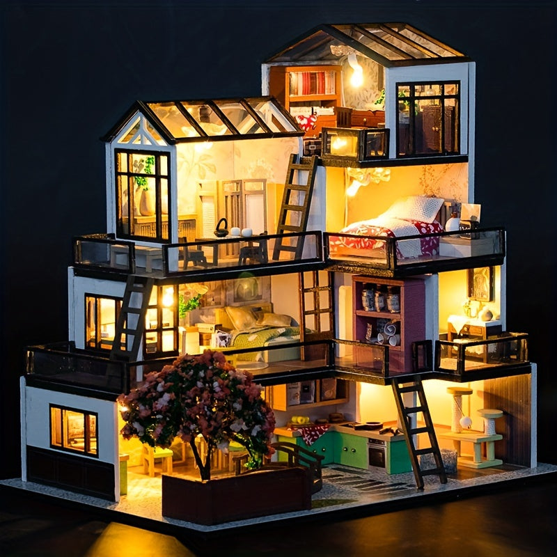 Kit de puzzle 3D villa miniature – Modèle fait main avec éclairage LED et intérieur détaillé