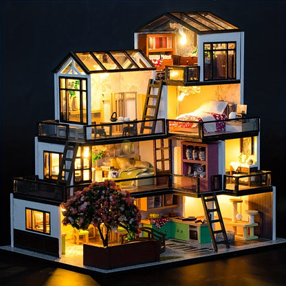 Kit de puzzle 3D villa miniature – Modèle fait main avec éclairage LED et intérieur détaillé