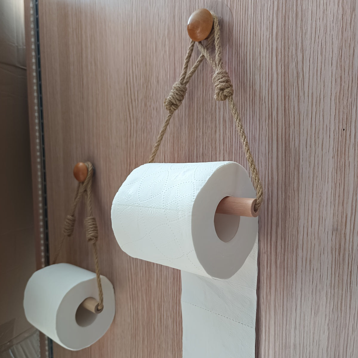 Support Papier Toilette Rustique – Corde Macramé et Bâton en Bois pour Salle de Bain