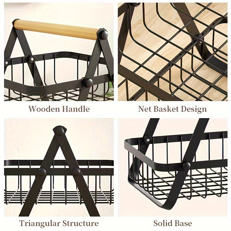 Panier de rangement 2 ou 3 étages avec poignée en bois - Solution élégante pour cuisine et salle de bain