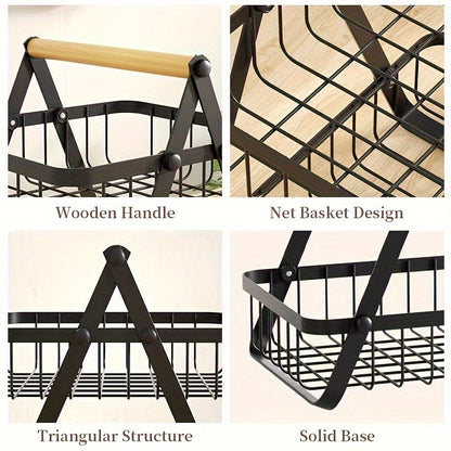 Panier de rangement 2 ou 3 étages avec poignée en bois - Solution élégante pour cuisine et salle de bain