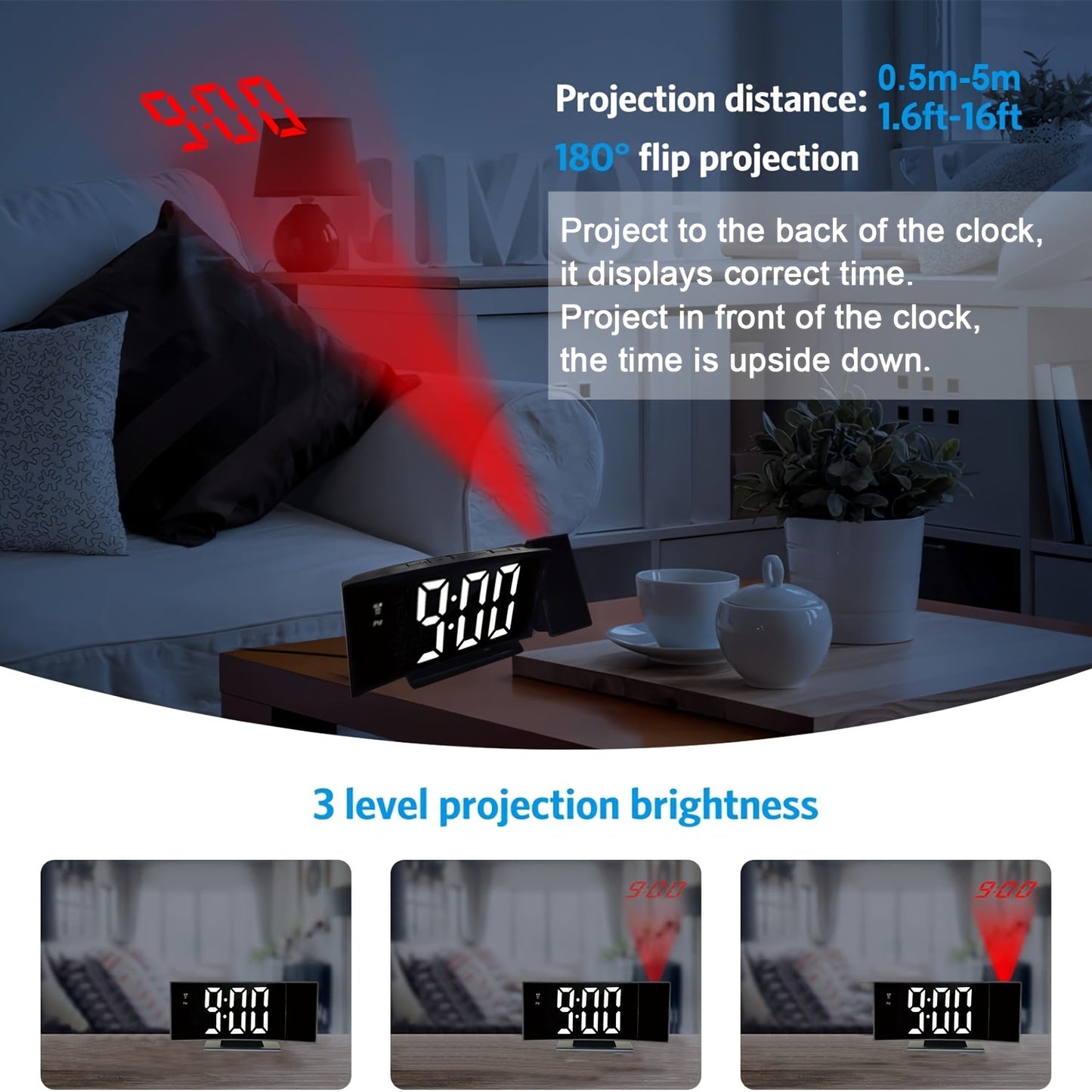 Réveil projecteur digital – Affichage LED et fonction snooze avec luminosité réglable