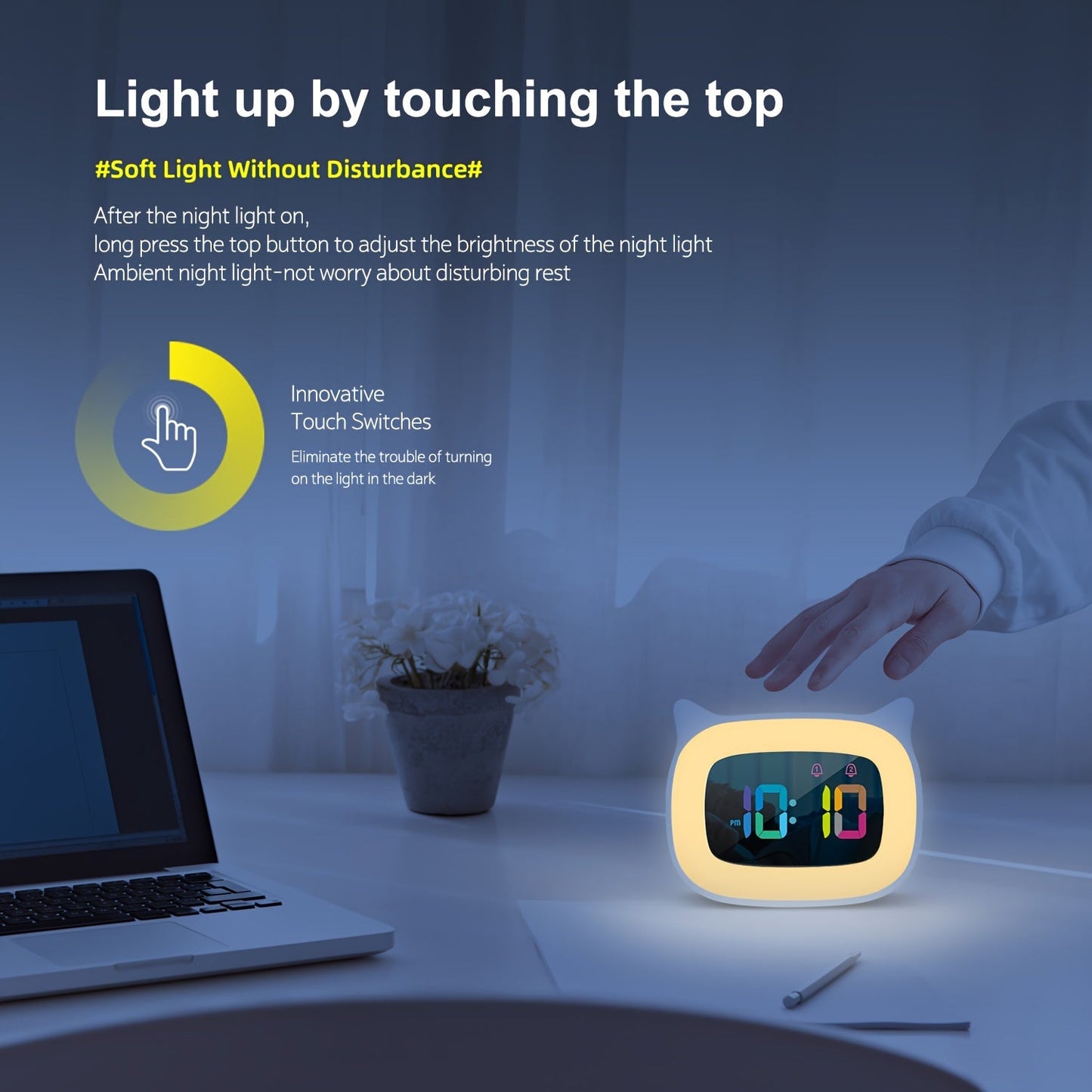 Réveil mignon avec oreilles de chat – Veilleuse RGB avec 18 mélodies et recharge USB