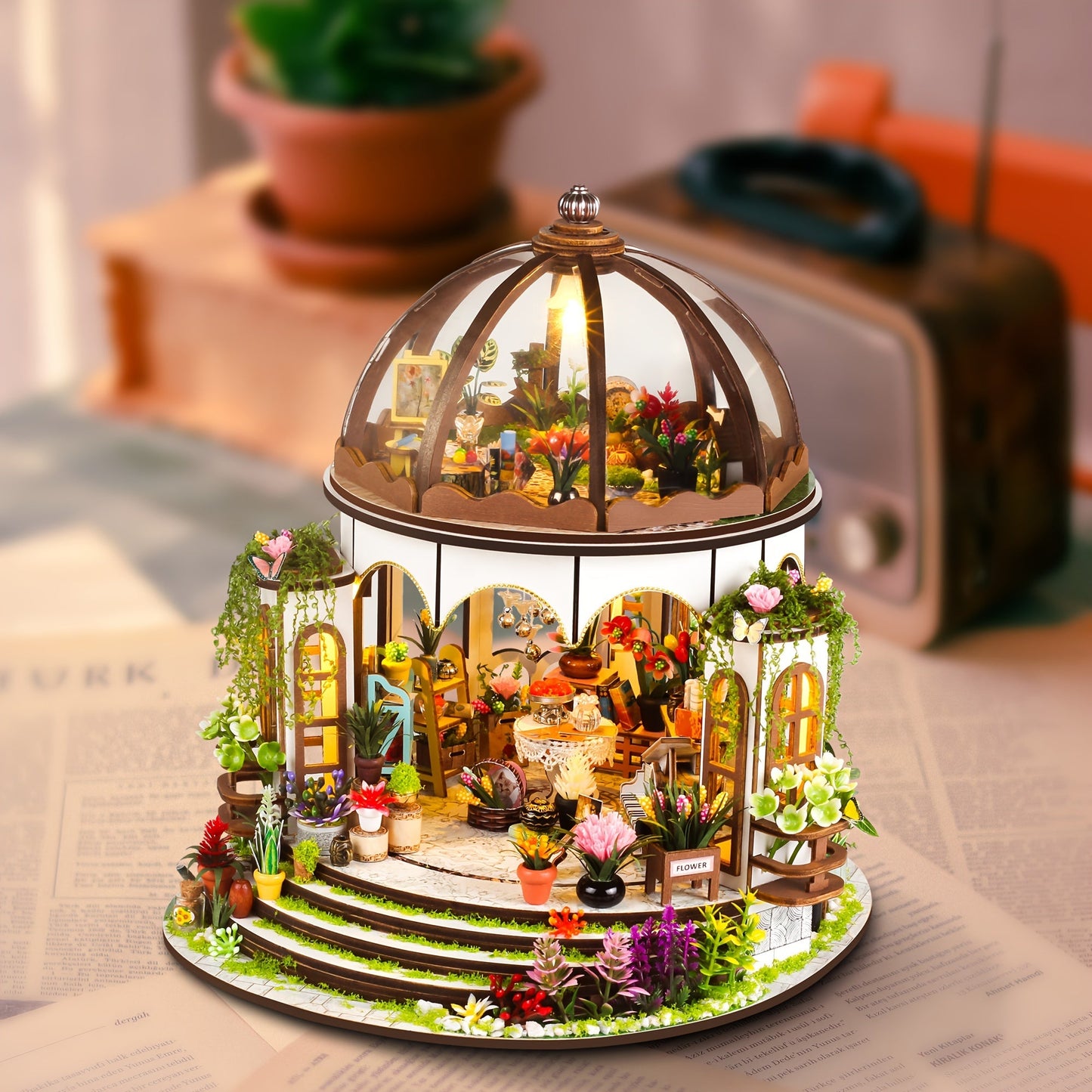 Maison miniature fleurs – Puzzle 3D en bois avec éclairage LED et jardin détaillé