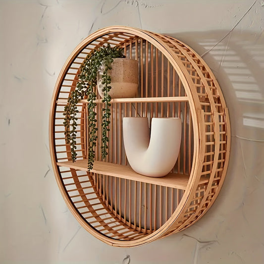 Étagère murale ronde en bambou fait main - Design unique pour un rangement élégant