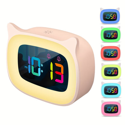 Réveil mignon avec oreilles de chat – Veilleuse RGB avec 18 mélodies et recharge USB