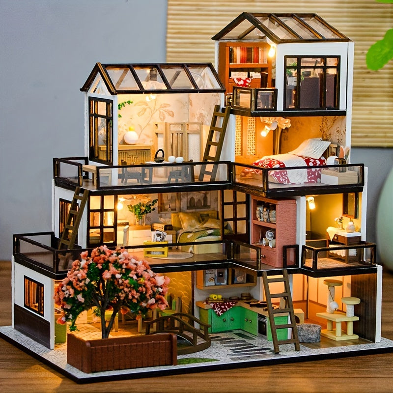 Kit de puzzle 3D villa miniature – Modèle fait main avec éclairage LED et intérieur détaillé