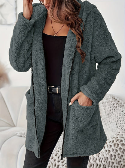 Veste d’hiver en peluche douce avec poches et fermeture éclair
