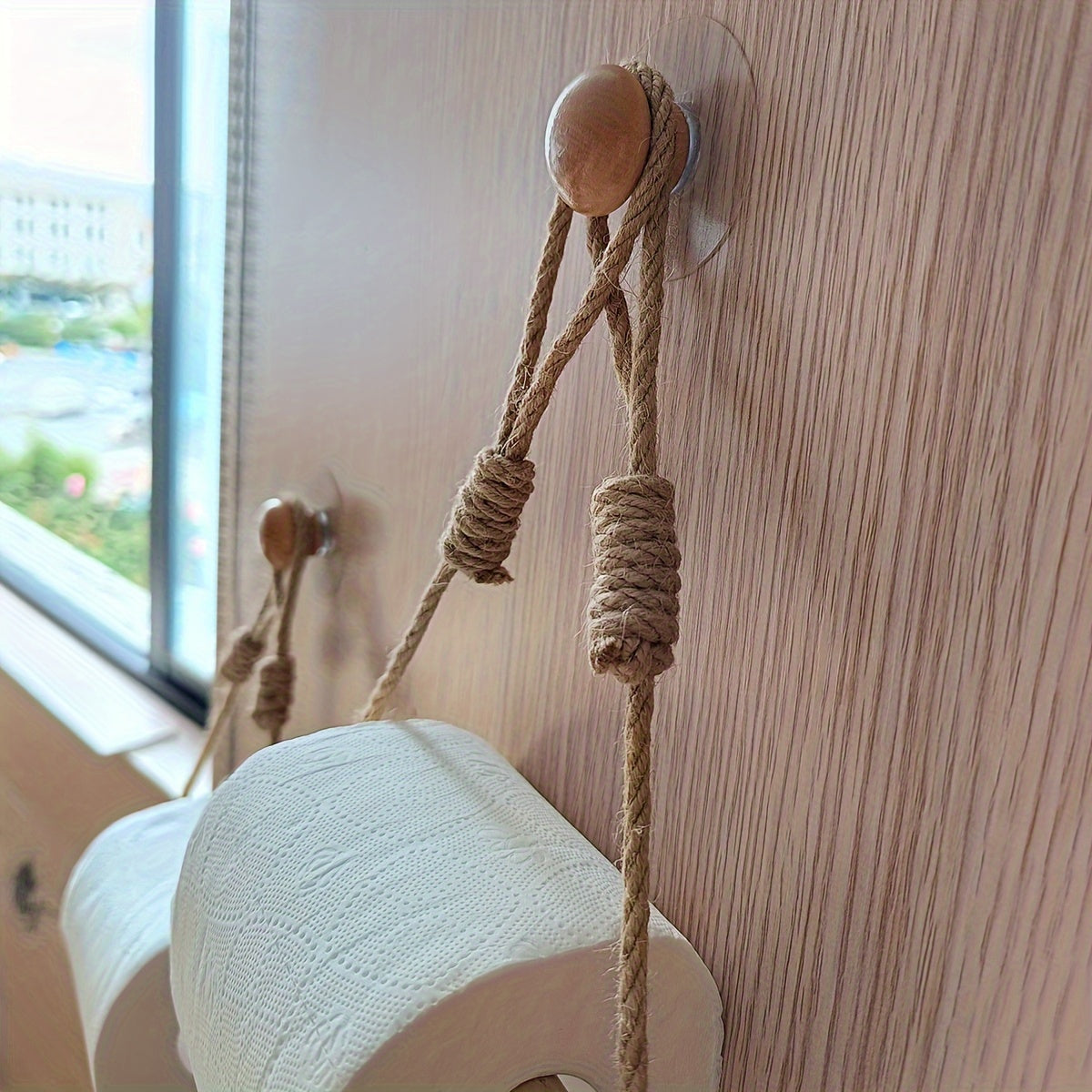 Support Papier Toilette Rustique – Corde Macramé et Bâton en Bois pour Salle de Bain