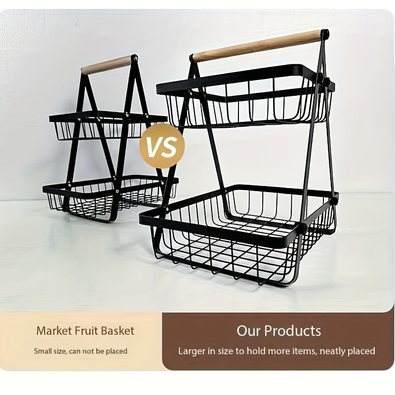 Panier de rangement 2 ou 3 étages avec poignée en bois - Solution élégante pour cuisine et salle de bain