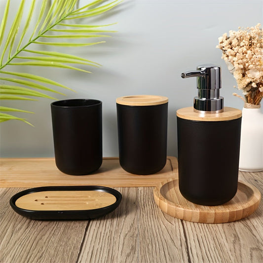 Set d’Accessoires de Salle de Bain avec Couvercle en Bambou – Ensemble de 4 Pièces pour Décoration de Salle de Bain