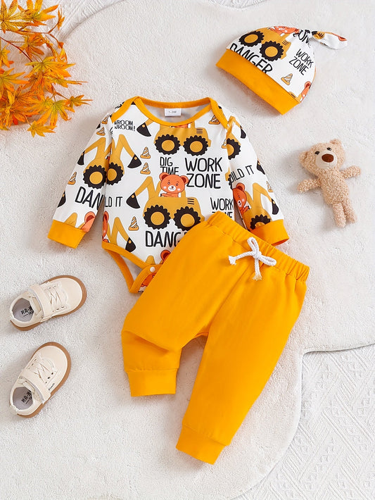 Ensemble Bébé Aventure Pelleteuse – Comprend Body, Pantalon et Bonnet pour Aventures en Plein Air