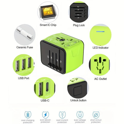 Adaptateur de voyage avec 4 ports USB et Type-C – Charge rapide et sécurité mondiale