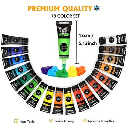 Set de Peinture Acrylique – 28 Pièces, Comprenant 18 Couleurs de Peinture Acrylique et 10 Pinceaux