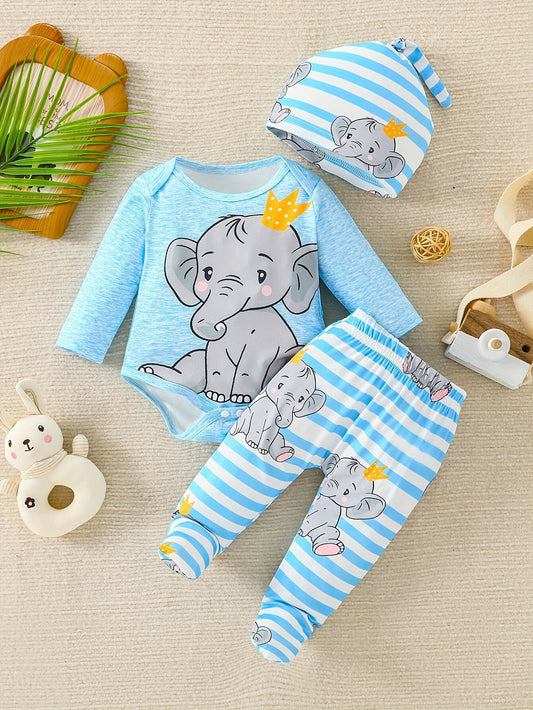 Ensemble Tenue Bébé Éléphant – Body, Pantalon et Bonnet pour une Aventure Joyeuse