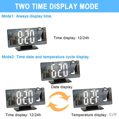 Réveil projecteur LED avec projection réglable à 180° – Affichage clair et fonction snooze pour chambre ou bureau