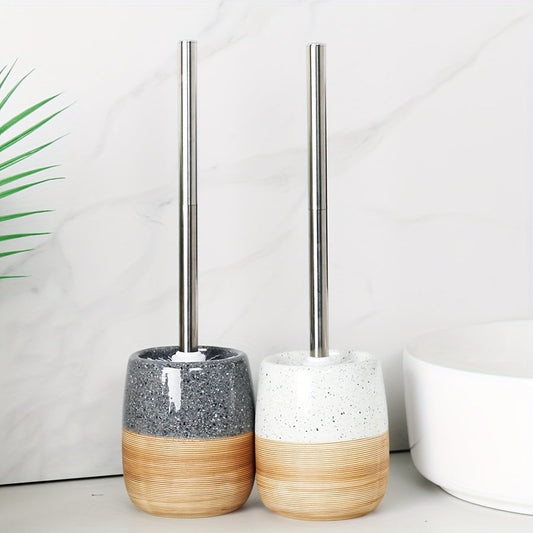 Set Brosse de Toilette Céramique Élégante – Base à Texture Bois et Manche en Acier Inoxydable