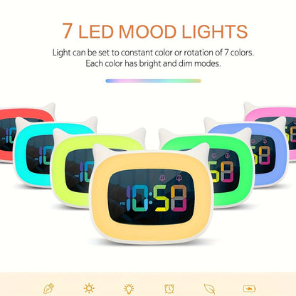 Réveil mignon avec oreilles de chat – Veilleuse RGB avec 18 mélodies et recharge USB