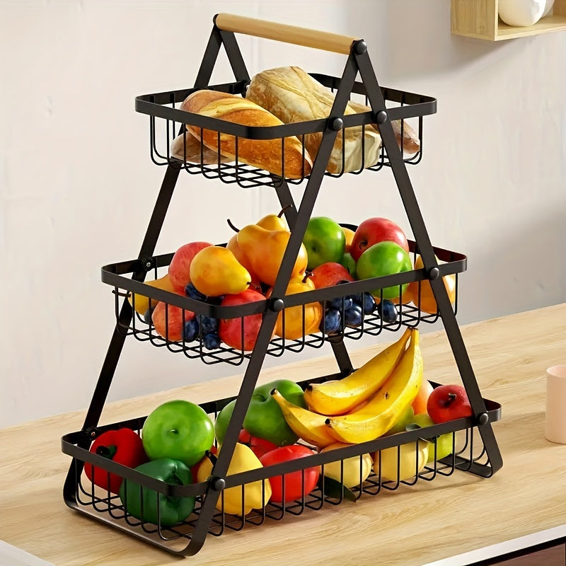 Panier de rangement 2 ou 3 étages avec poignée en bois - Solution élégante pour cuisine et salle de bain
