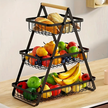 Panier de rangement 2 ou 3 étages avec poignée en bois - Solution élégante pour cuisine et salle de bain