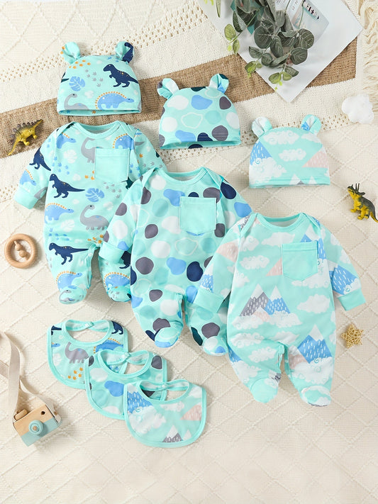 Set de 9 Pièces Tenue Bébé avec Dinosaures, Nuages et Pois – Comprend Body, Bonnet et Bavoirs