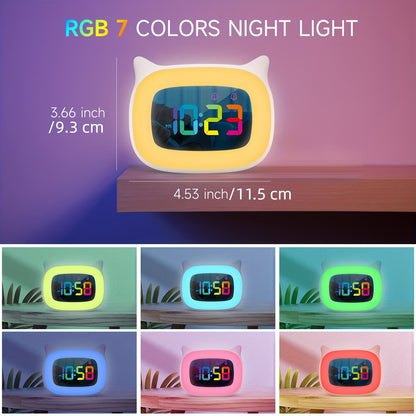 Réveil mignon avec oreilles de chat – Veilleuse RGB avec 18 mélodies et recharge USB