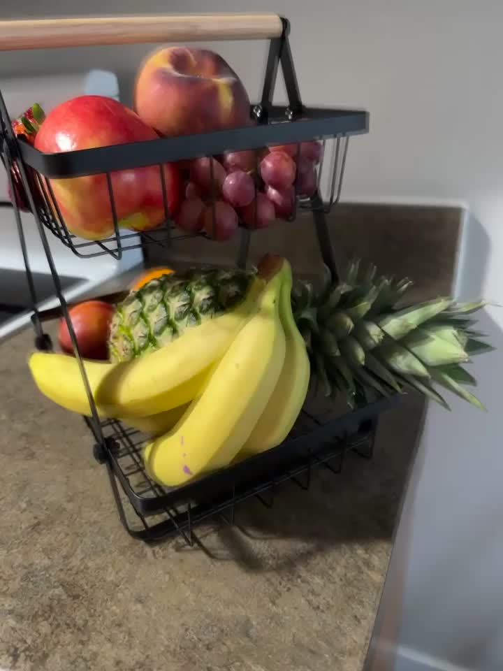 Panier de rangement 2 ou 3 étages avec poignée en bois - Solution élégante pour cuisine et salle de bain