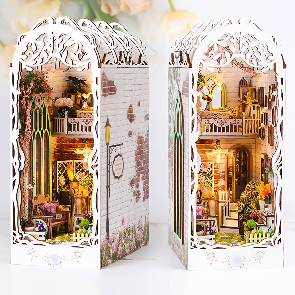 Puzzle 3D en bois – Maison fleurie blanche avec éclairage et housse anti-poussière