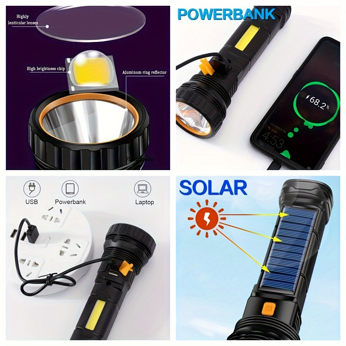 Lampe de poche LED SolarBeam – Rechargeable avec panneau solaire et USB