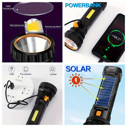 Lampe de poche LED SolarBeam – Rechargeable avec panneau solaire et USB