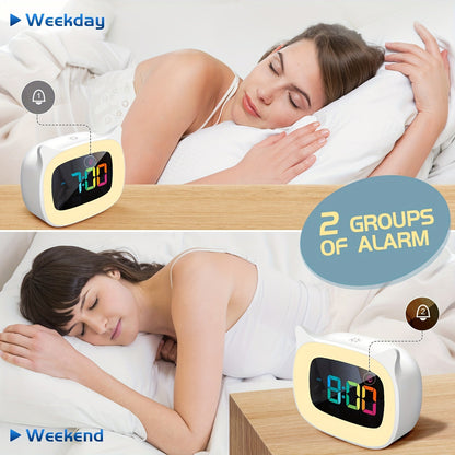 Réveil mignon avec oreilles de chat – Veilleuse RGB avec 18 mélodies et recharge USB