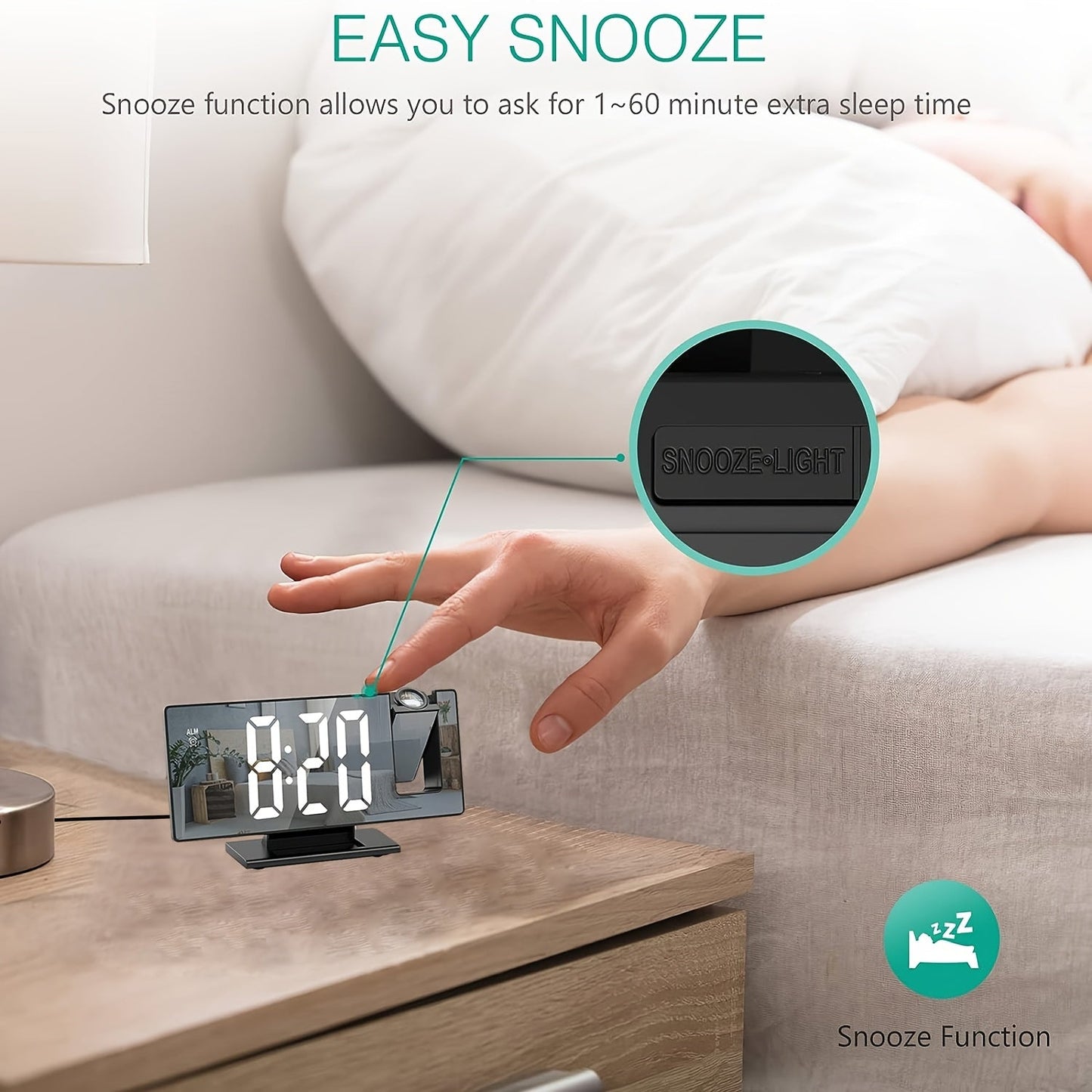 Réveil projecteur LED avec projection réglable à 180° – Affichage clair et fonction snooze pour chambre ou bureau