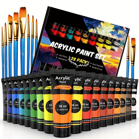 Set de Peinture Acrylique – 28 Pièces, Comprenant 18 Couleurs de Peinture Acrylique et 10 Pinceaux