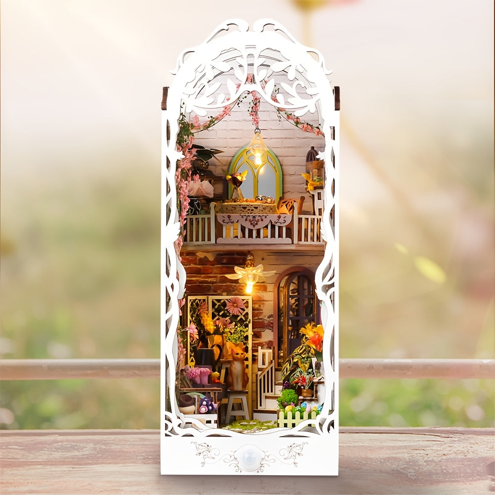 Puzzle 3D en bois – Maison fleurie blanche avec éclairage et housse anti-poussière
