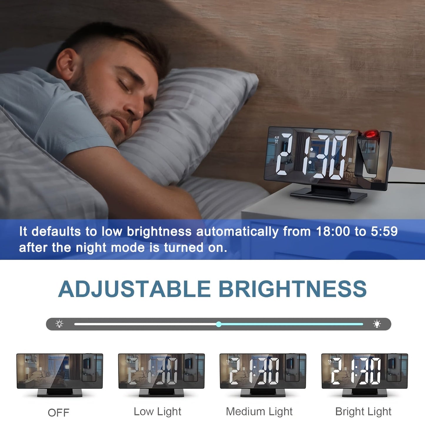 Réveil projecteur LED avec projection réglable à 180° – Affichage clair et fonction snooze pour chambre ou bureau