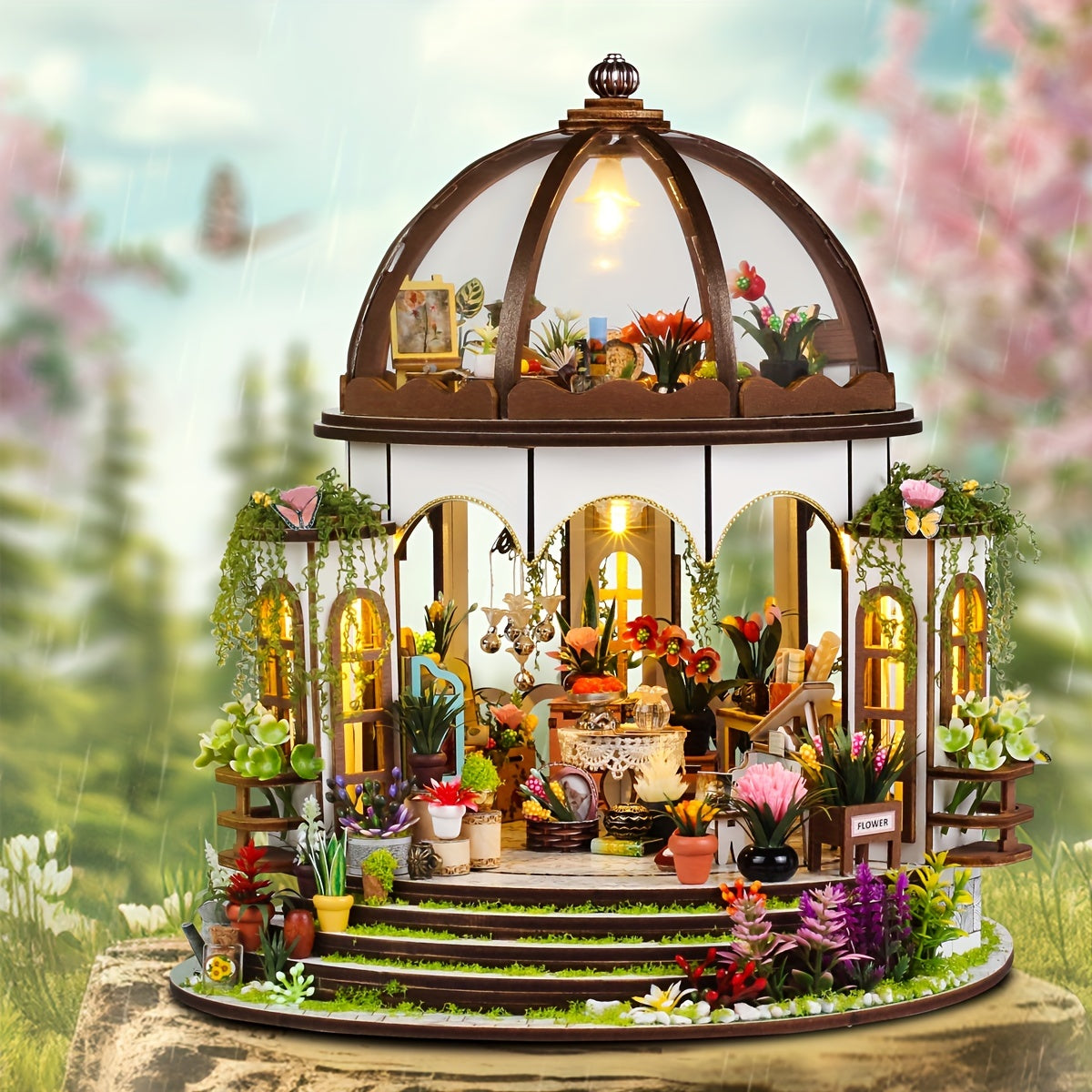 Maison miniature fleurs – Puzzle 3D en bois avec éclairage LED et jardin détaillé