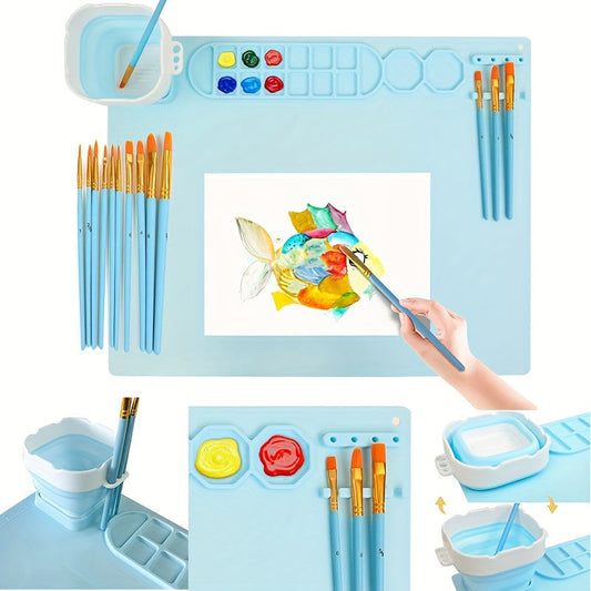 Tapis de peinture en silicone avec palette et porte-pinceaux – Durable et flexible
