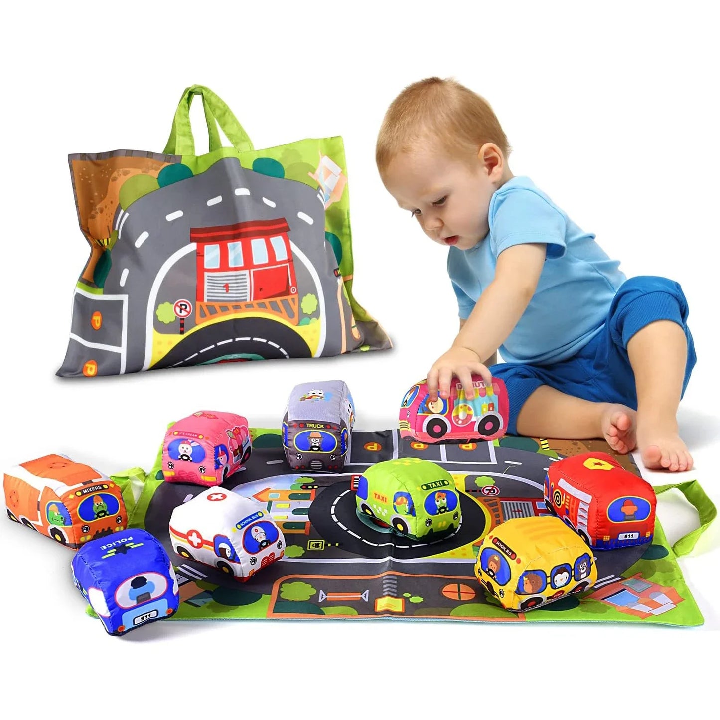 Ami(e)s Doux du Trafic - Ensemble de Jouets avec Tapis de Jeu Pliable